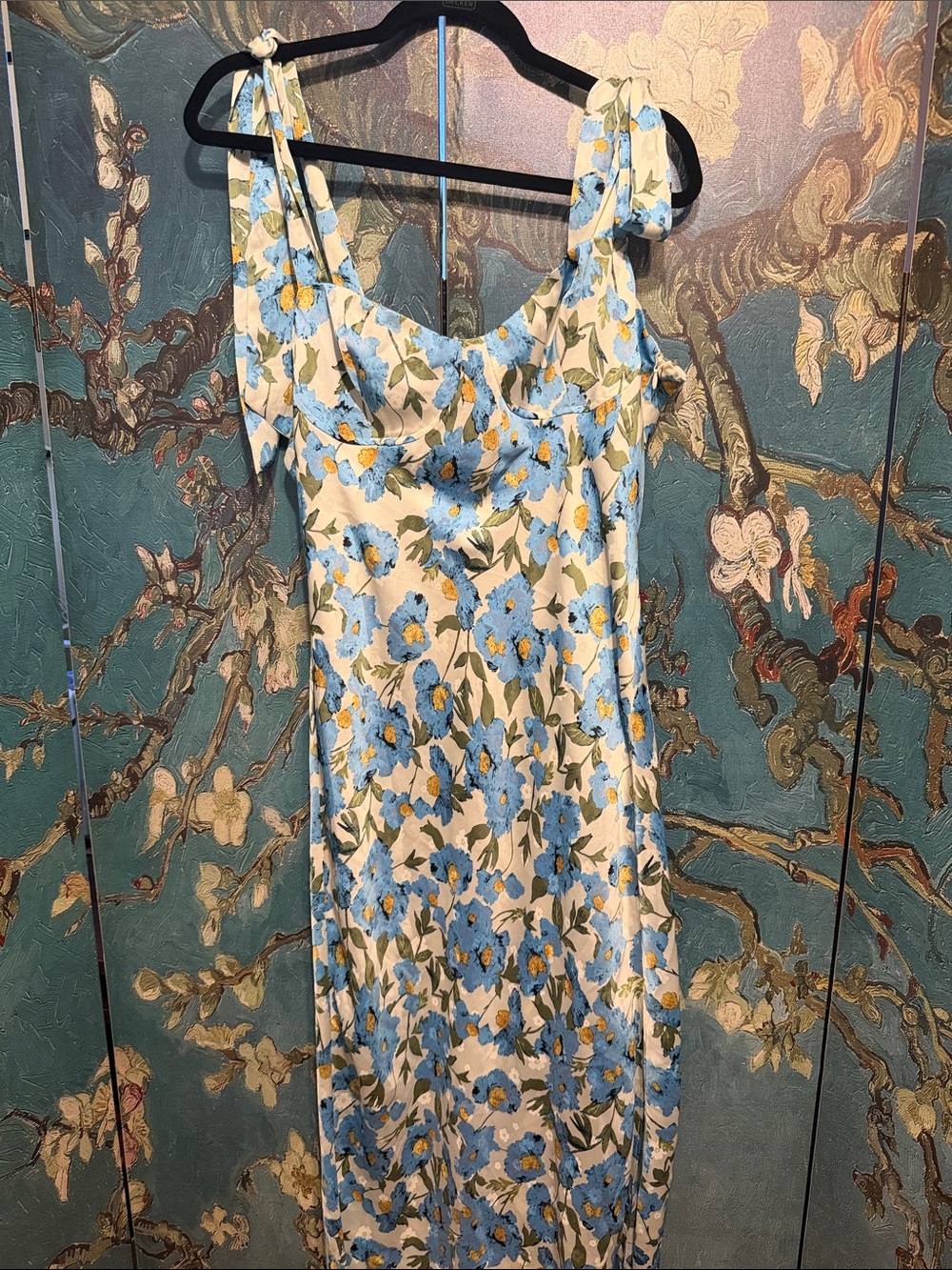 Astr Blue and Cream Floral Midi Slip Dress with Tie Straps